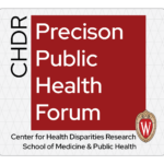 CHDR Precision Public Health logo: white lettering on a red square set on a light grey and white patterned background.
